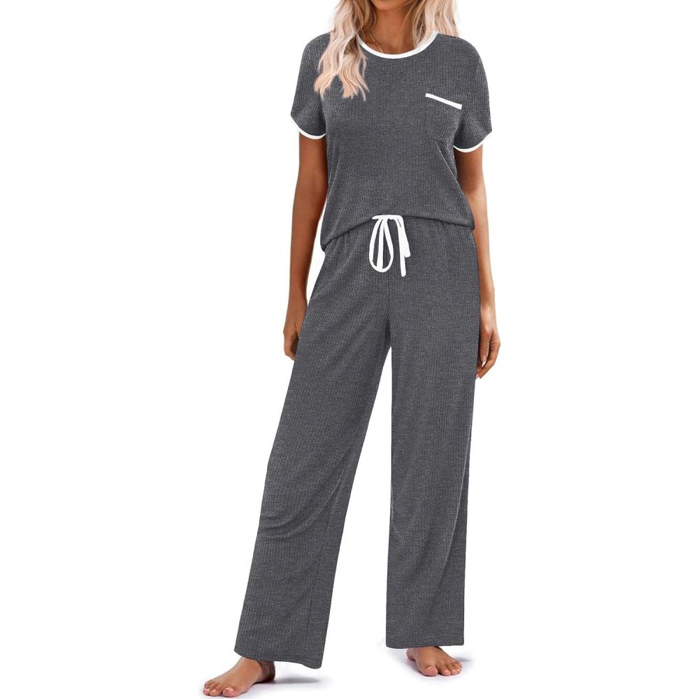 imageEkouaer Women Lounge Pajamas Sets Ribbed Knit PJ Short Sleeve and Long Pajama Pant Soft 2 Piece Sleepwear Loungwear SetDark Gray