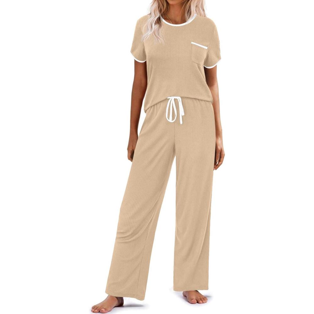 imageEkouaer Women Lounge Pajamas Sets Ribbed Knit PJ Short Sleeve and Long Pajama Pant Soft 2 Piece Sleepwear Loungwear SetDark Khaki