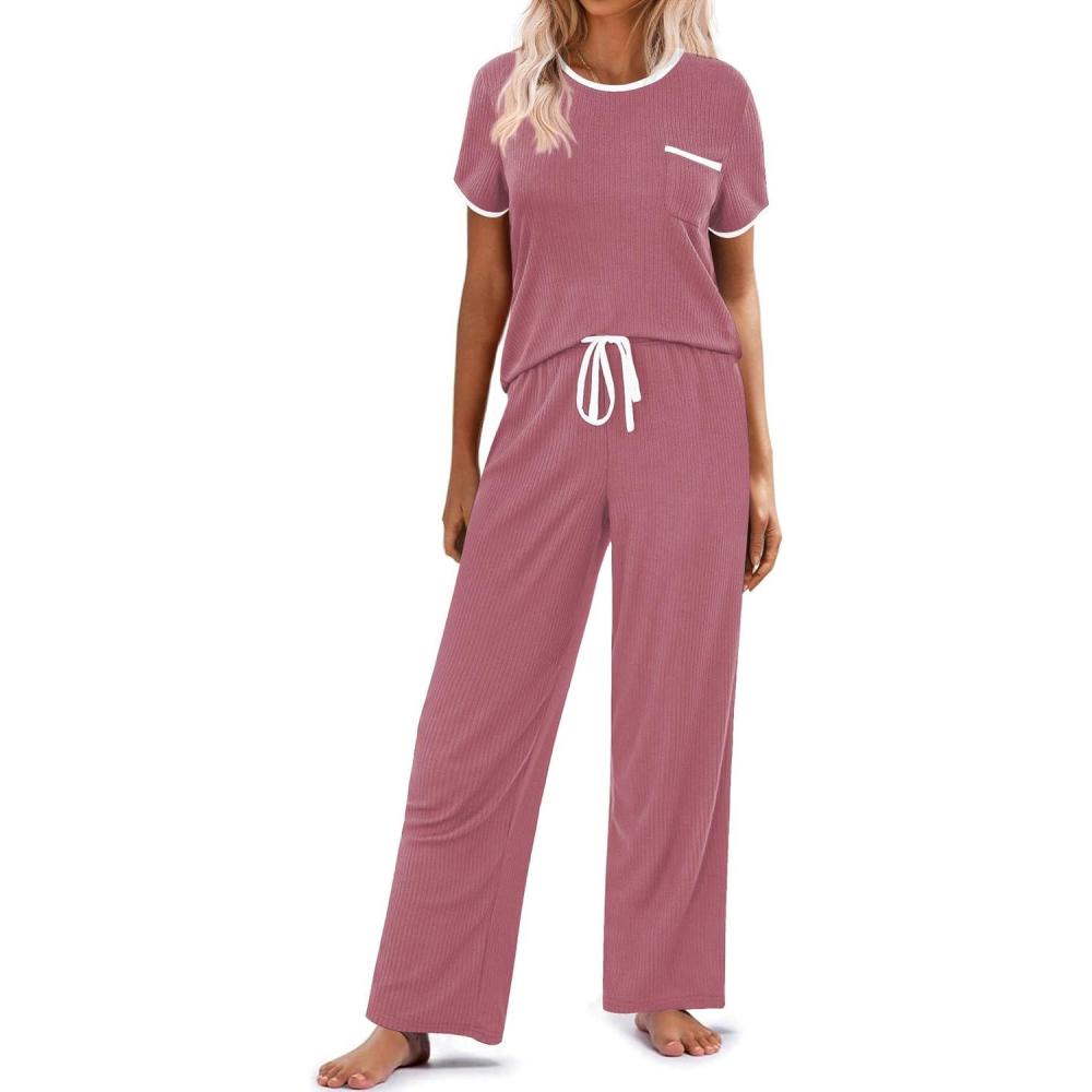 imageEkouaer Women Lounge Pajamas Sets Ribbed Knit PJ Short Sleeve and Long Pajama Pant Soft 2 Piece Sleepwear Loungwear SetDark Pink