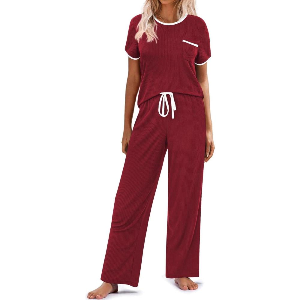 imageEkouaer Women Lounge Pajamas Sets Ribbed Knit PJ Short Sleeve and Long Pajama Pant Soft 2 Piece Sleepwear Loungwear SetWine Red