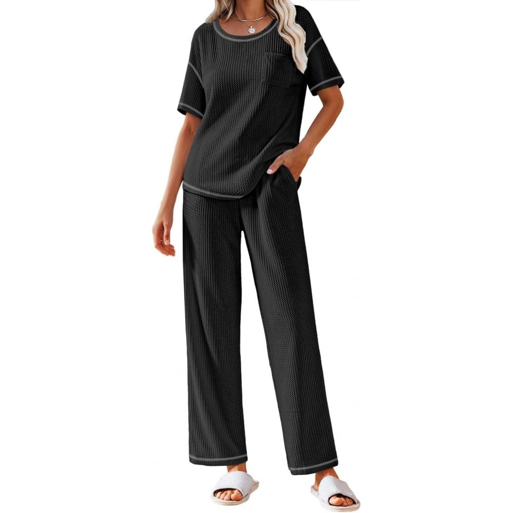 imageEkouaer Women Waffle Knit Lounge Sets Short Sleeve Top and Long Pant Pajama Set Loungewear 2 Piece Pjs Set with Pockets01 Black