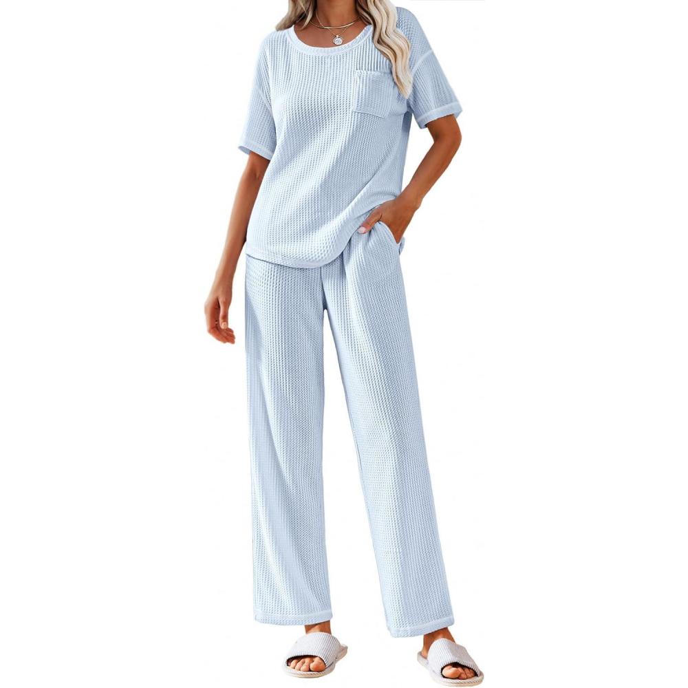 imageEkouaer Women Waffle Knit Lounge Sets Short Sleeve Top and Long Pant Pajama Set Loungewear 2 Piece Pjs Set with Pockets03 Sky Blue
