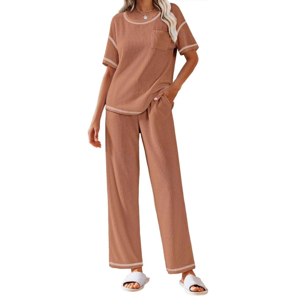 imageEkouaer Women Waffle Knit Lounge Sets Short Sleeve Top and Long Pant Pajama Set Loungewear 2 Piece Pjs Set with PocketsCaramel
