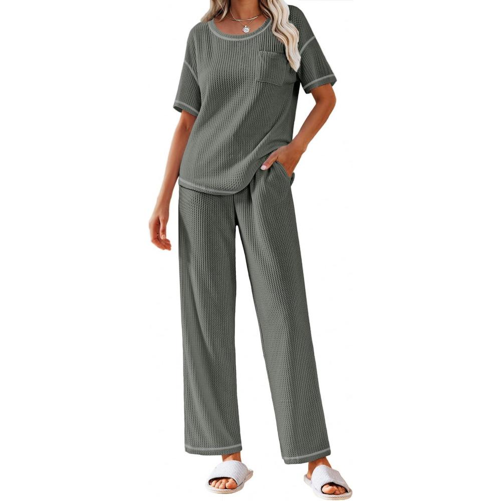 imageEkouaer Women Waffle Knit Lounge Sets Short Sleeve Top and Long Pant Pajama Set Loungewear 2 Piece Pjs Set with PocketsDark Grey