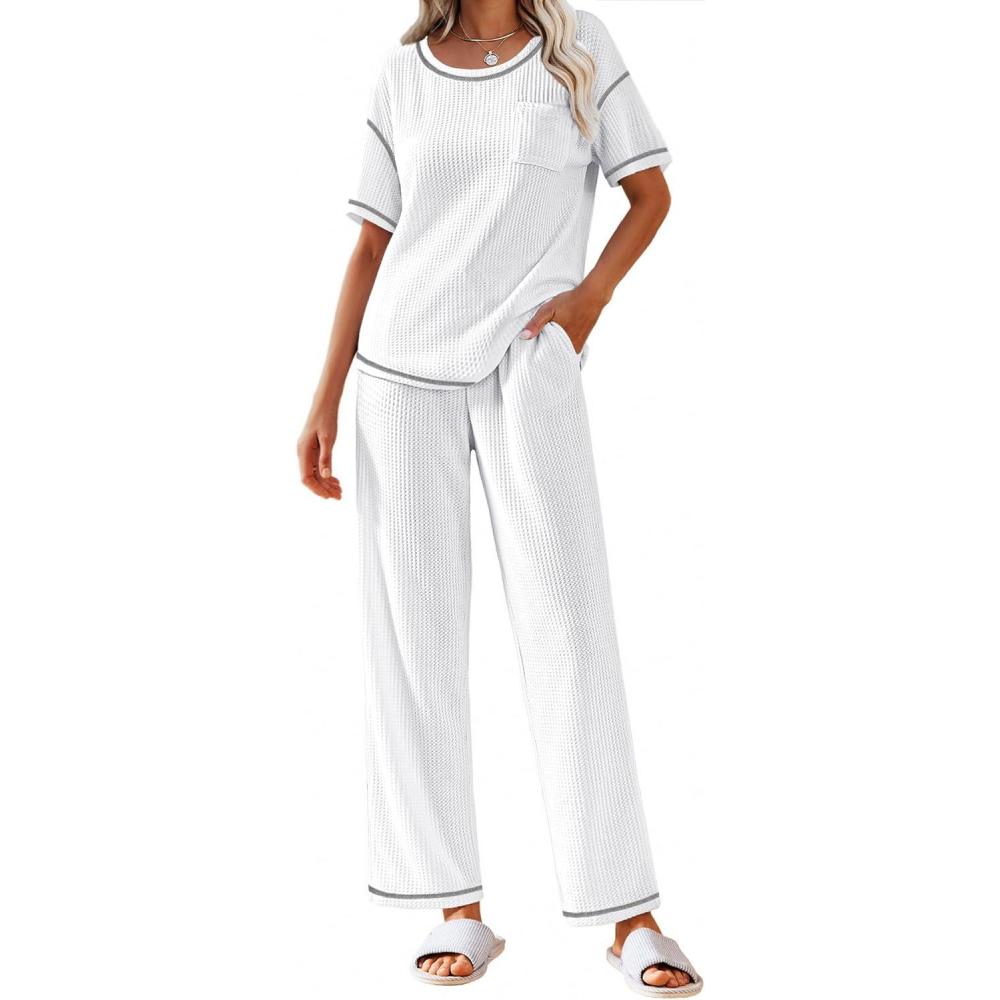 imageEkouaer Women Waffle Knit Lounge Sets Short Sleeve Top and Long Pant Pajama Set Loungewear 2 Piece Pjs Set with PocketsWhite