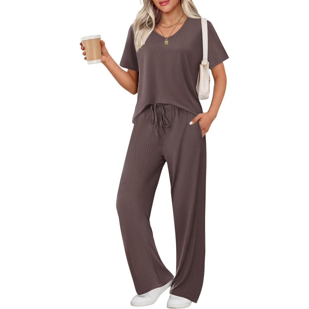 imageEkouaer Womens 2 Piece Lounge Set Casual Summer Outfits Ribbed Short Sleeve amp Wide Leg Pants Matching Set for Travel HomeBrown