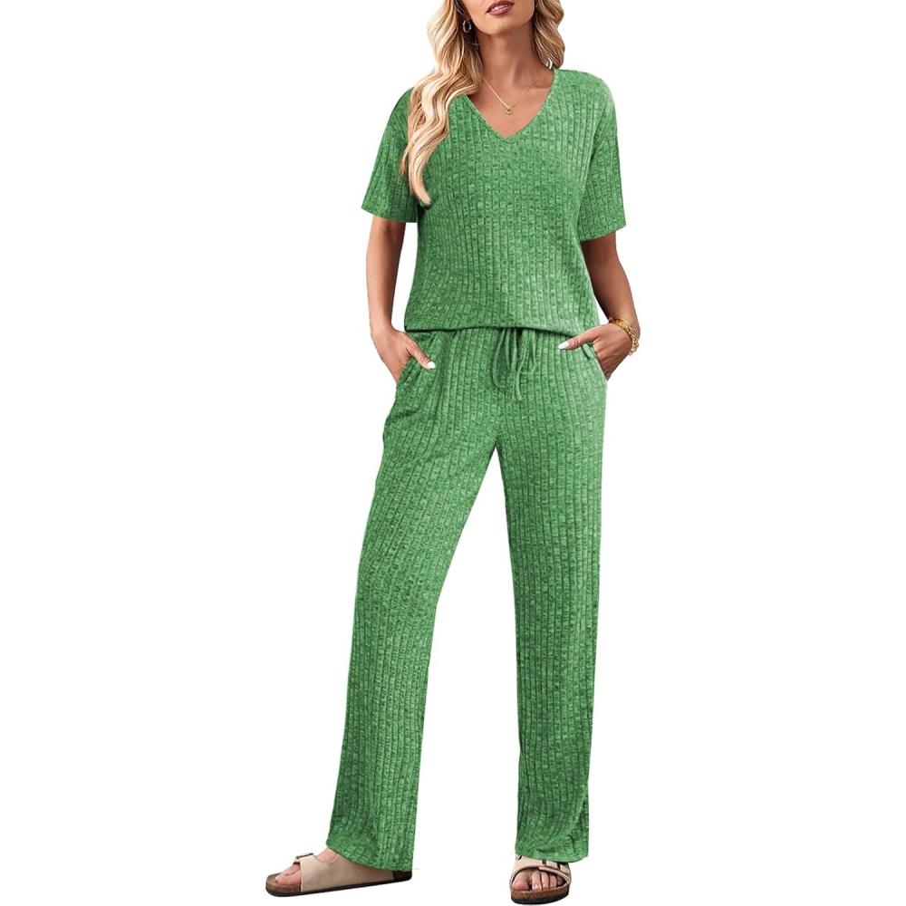 imageEkouaer Womens 2 Piece Lounge Set Casual Summer Outfits Ribbed Short Sleeve amp Wide Leg Pants Matching Set for Travel HomeGreen