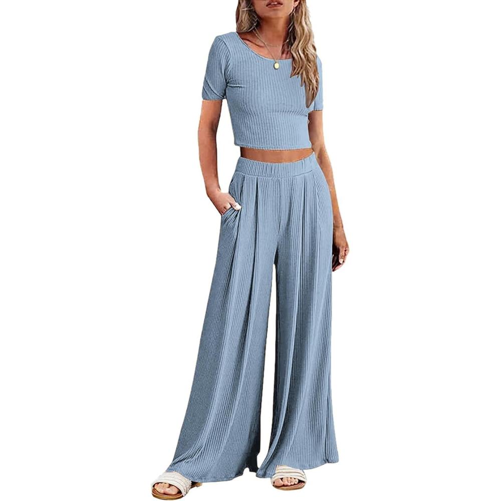 imageEkouaer Womens 2 Piece Lounge Sets Short Sleeve Pajama Set Ribbed Knit Crop Top Wide Leg Pants Loungewear SXXLLight Blue