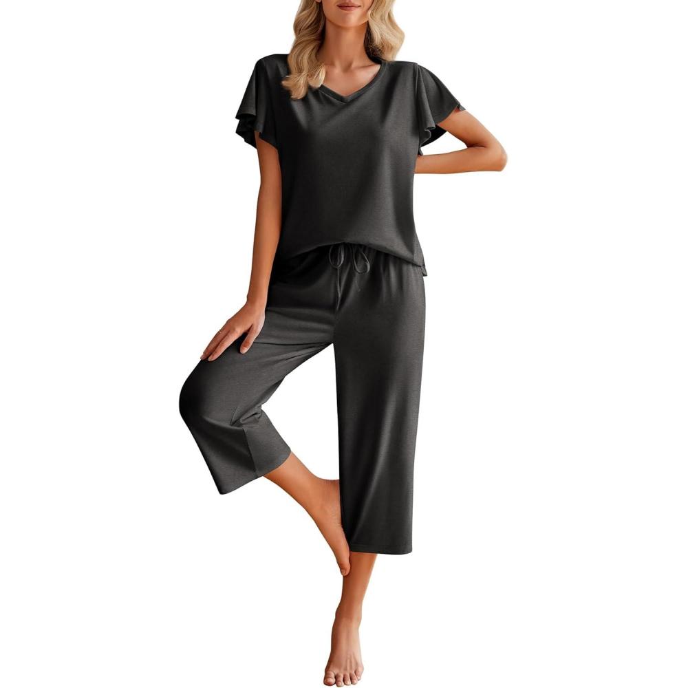 imageEkouaer Womens Cotton Pajamas Sets Short Sleeve Tops and Capri Pants Sleepwear Loungewear with PocketsDark Gray