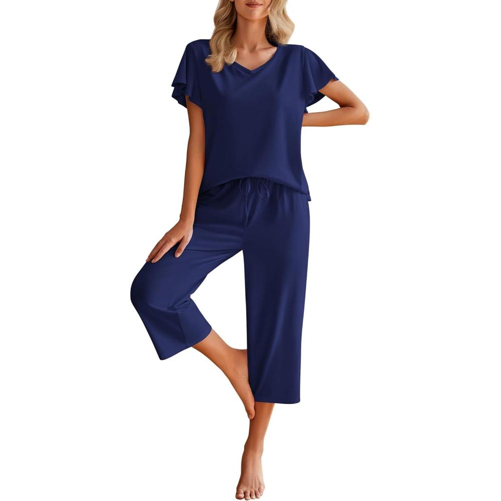 imageEkouaer Womens Cotton Pajamas Sets Short Sleeve Tops and Capri Pants Sleepwear Loungewear with PocketsNavy Blue