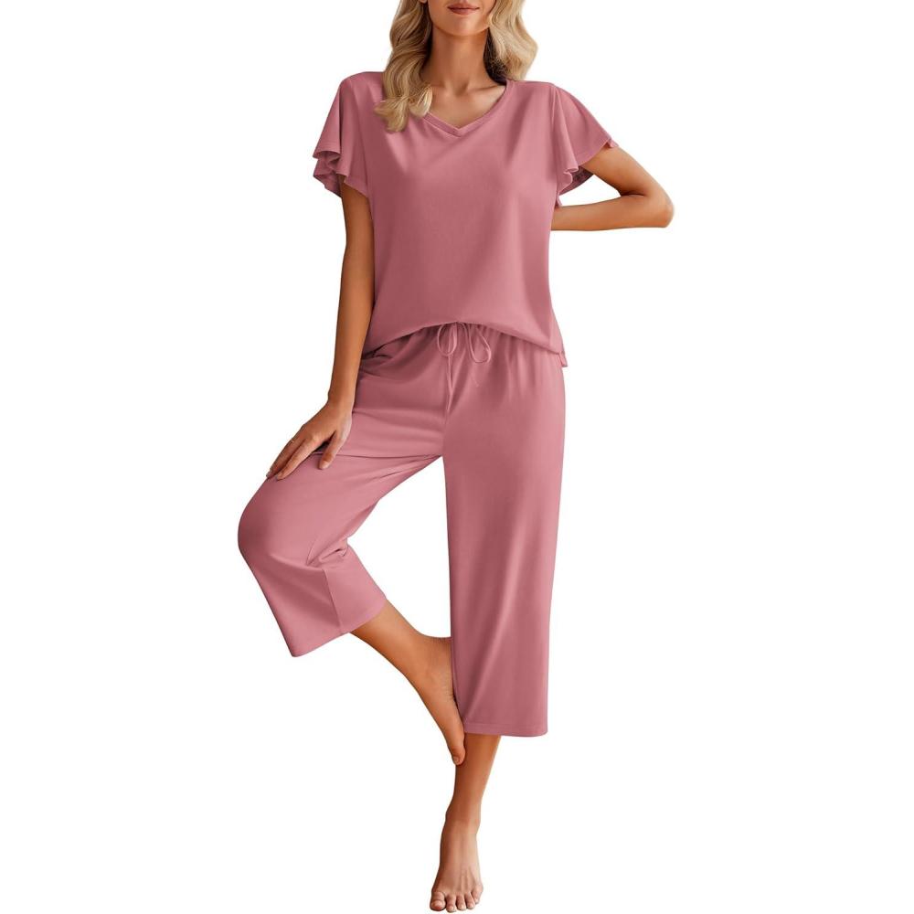 imageEkouaer Womens Cotton Pajamas Sets Short Sleeve Tops and Capri Pants Sleepwear Loungewear with PocketsPale Violet Red