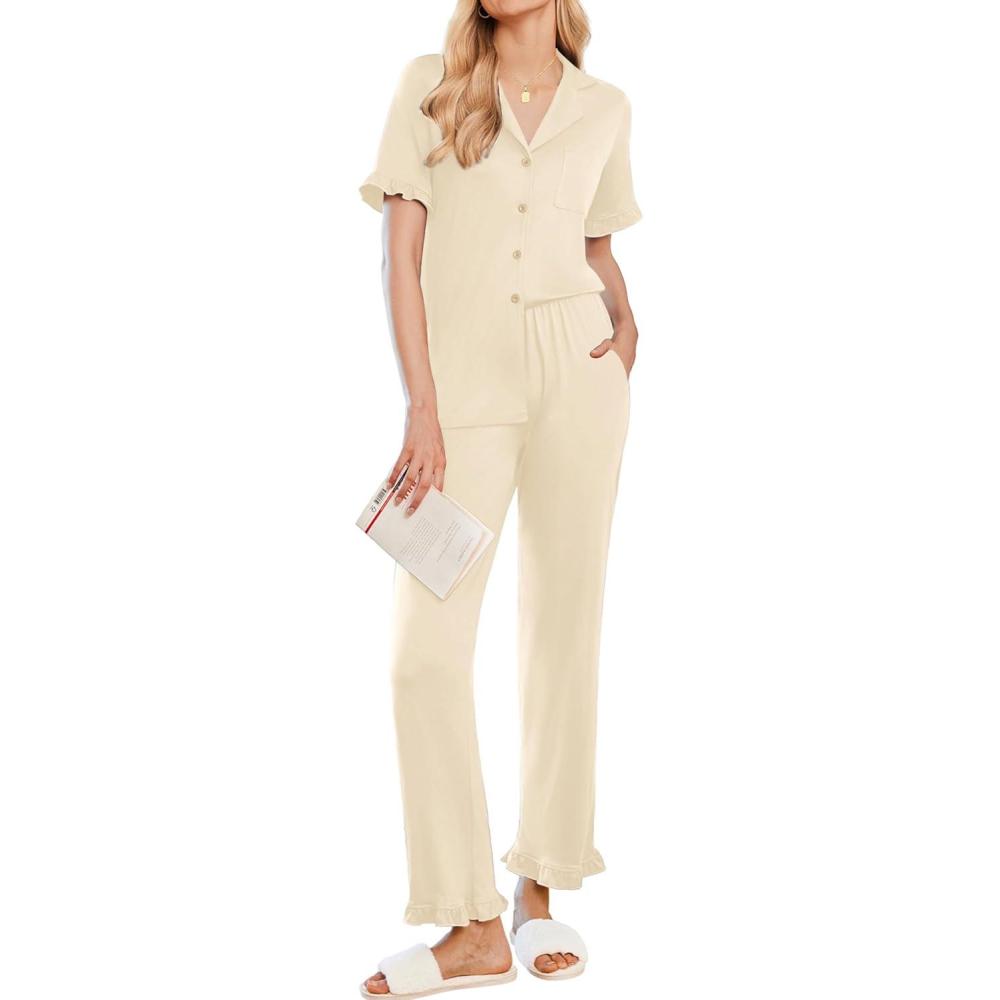 imageEkouaer Womens Pajama Sets Ruffle Button Up Pj Sets 2 Piece Short Sleeve Pants Lounge Set with PocketsBeige