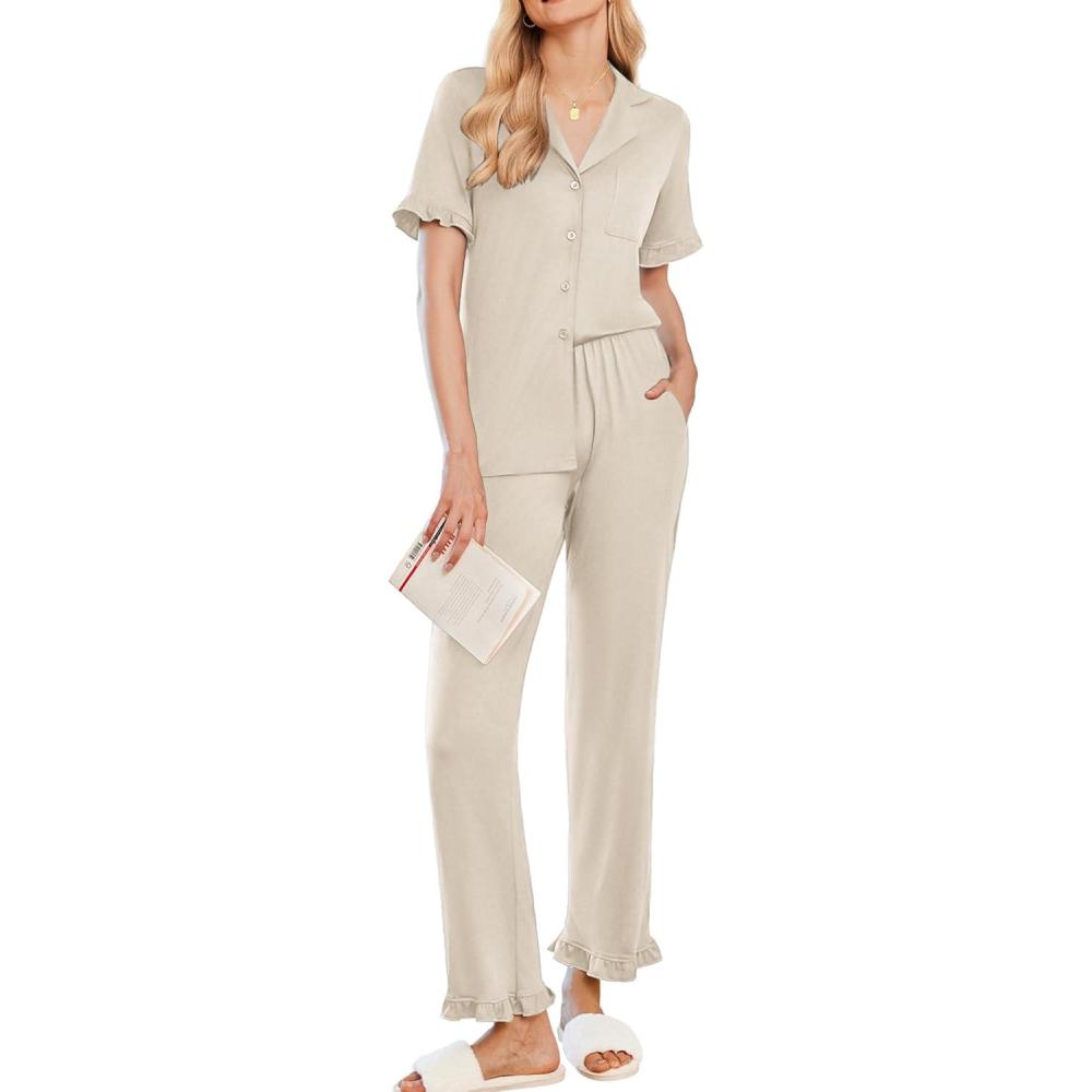 imageEkouaer Womens Pajama Sets Ruffle Button Up Pj Sets 2 Piece Short Sleeve Pants Lounge Set with PocketsLight Coffee