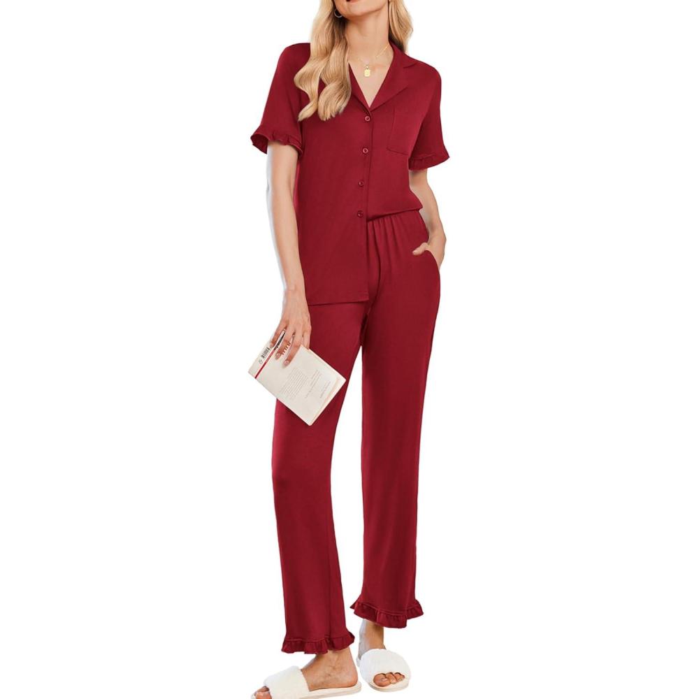imageEkouaer Womens Pajama Sets Ruffle Button Up Pj Sets 2 Piece Short Sleeve Pants Lounge Set with PocketsWine Red
