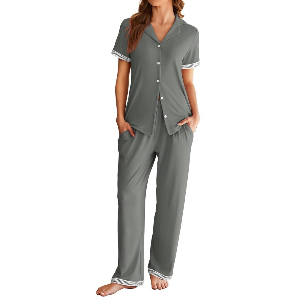 imageEkouaer Womens Pajama Sets Short Sleeve Button Up Pjs Chic Contrast Trim Long Pants with PocketsSoft Loungewear Set SXXLDark Grey