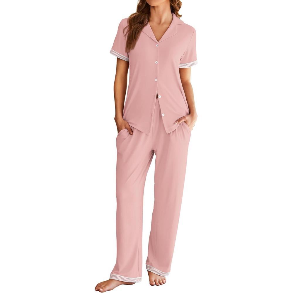 imageEkouaer Womens Pajama Sets Short Sleeve Button Up Pjs Chic Contrast Trim Long Pants with PocketsSoft Loungewear Set SXXLPink