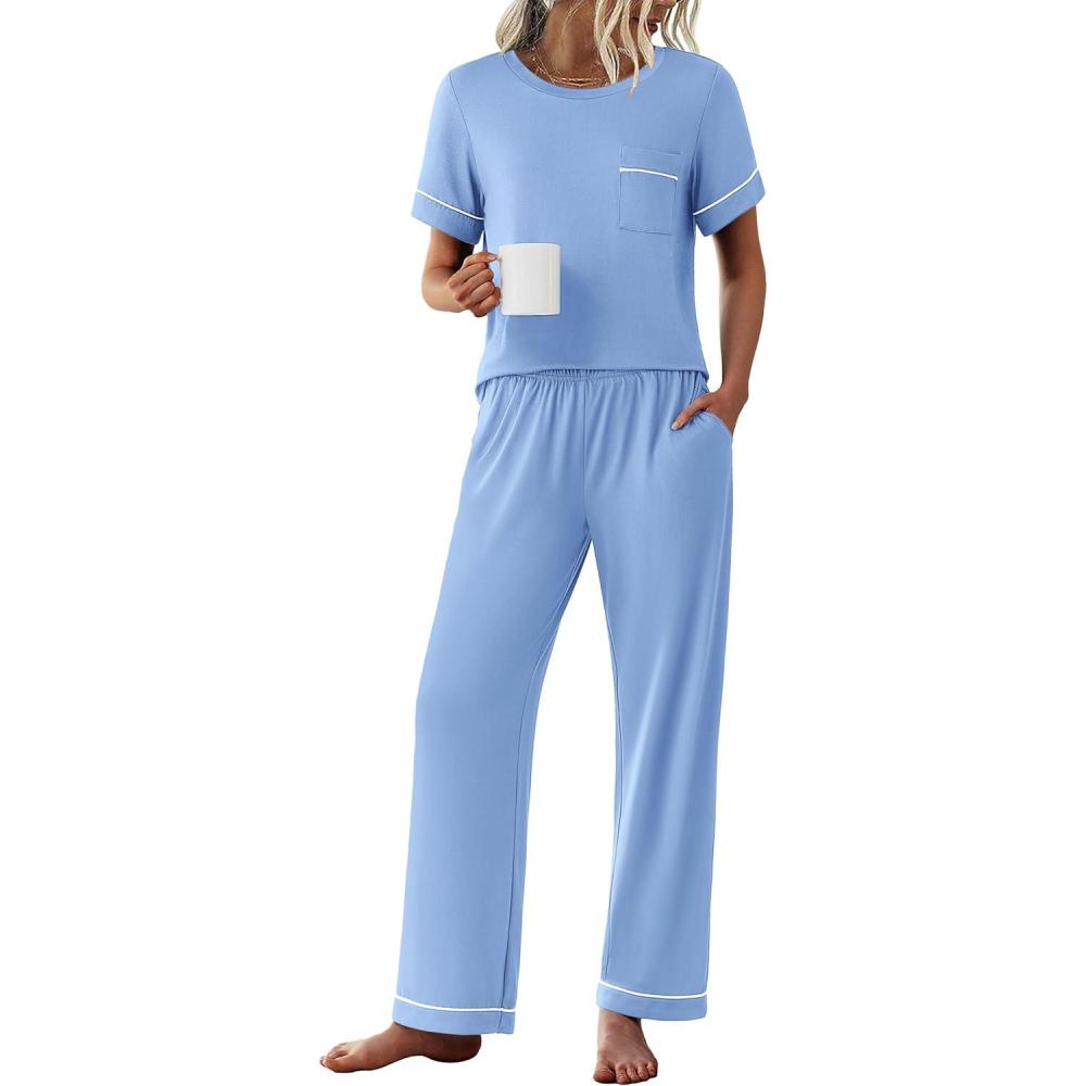 imageEkouaer Womens Pajama Sets Short Sleeve Top and Pants 2 Piece Pjs Soft Sleepwear Comfy Lounge Set SXXLClear Blue