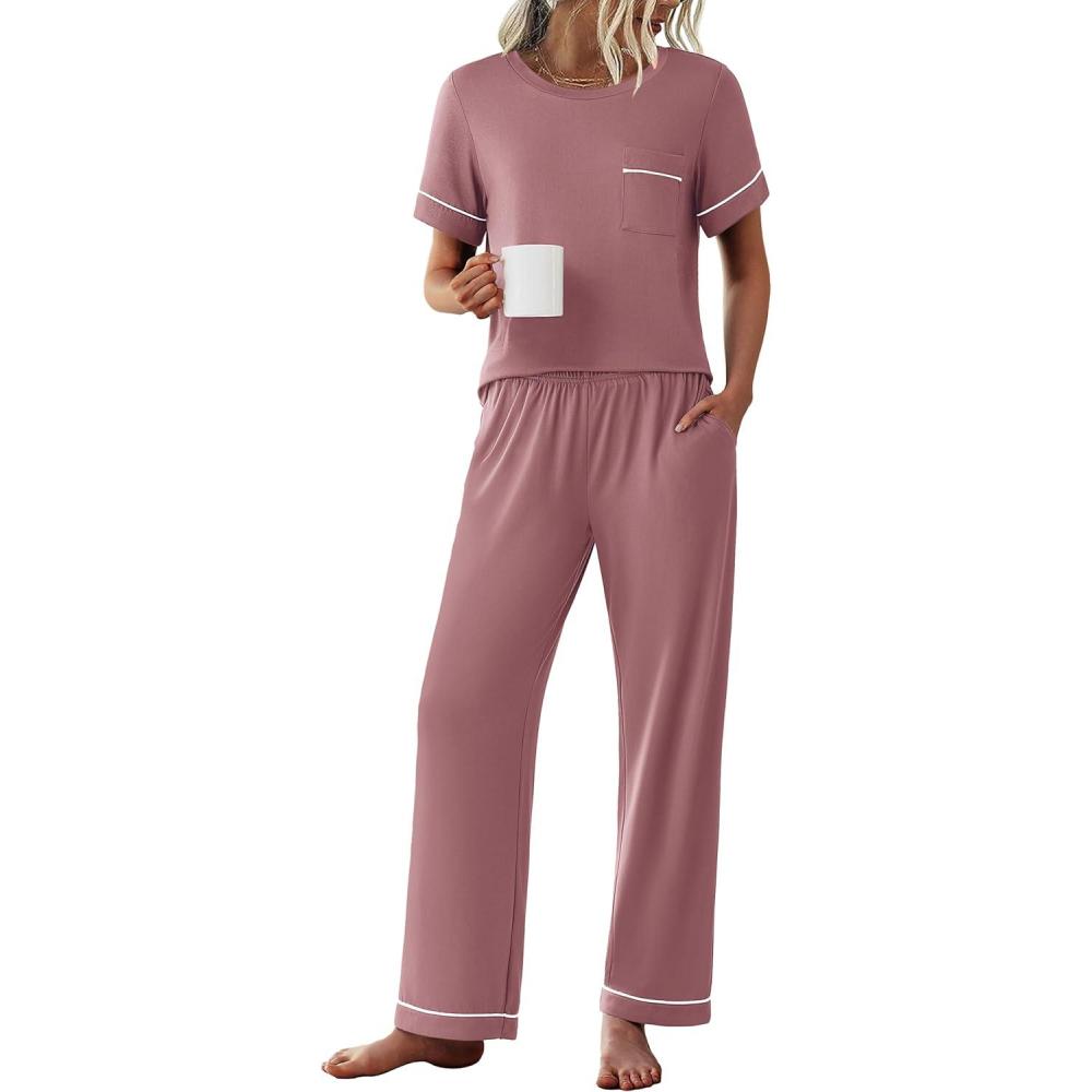 imageEkouaer Womens Pajama Sets Short Sleeve Top and Pants 2 Piece Pjs Soft Sleepwear Comfy Lounge Set SXXLDark Pink