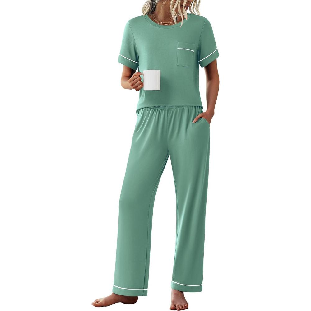 imageEkouaer Womens Pajama Sets Short Sleeve Top and Pants 2 Piece Pjs Soft Sleepwear Comfy Lounge Set SXXLGreen
