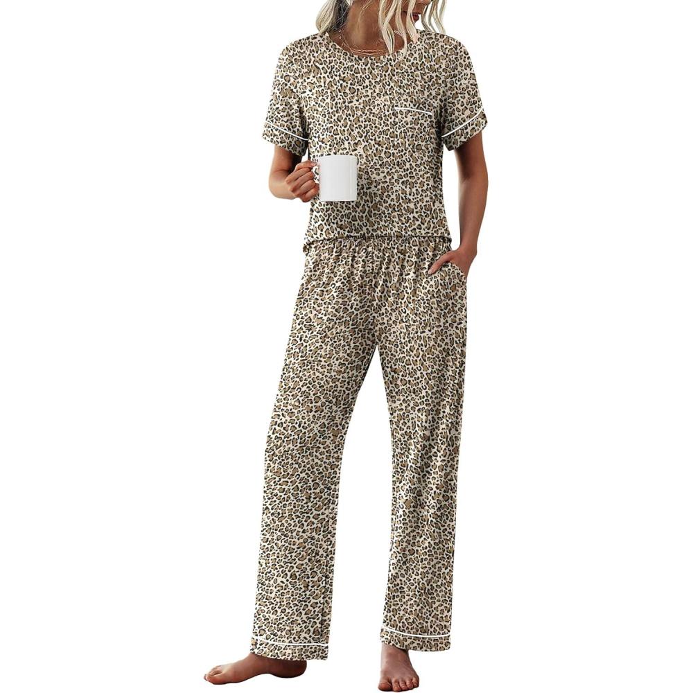 imageEkouaer Womens Pajama Sets Short Sleeve Top and Pants 2 Piece Pjs Soft Sleepwear Comfy Lounge Set SXXLLeopard