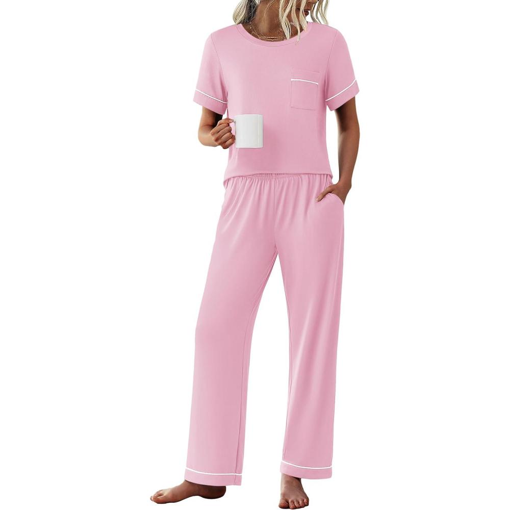 imageEkouaer Womens Pajama Sets Short Sleeve Top and Pants 2 Piece Pjs Soft Sleepwear Comfy Lounge Set SXXLPink