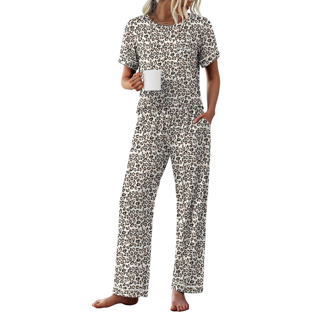 imageEkouaer Womens Pajama Sets Short Sleeve Top and Pants 2 Piece Pjs Soft Sleepwear Comfy Lounge Set SXXLPink Leopard
