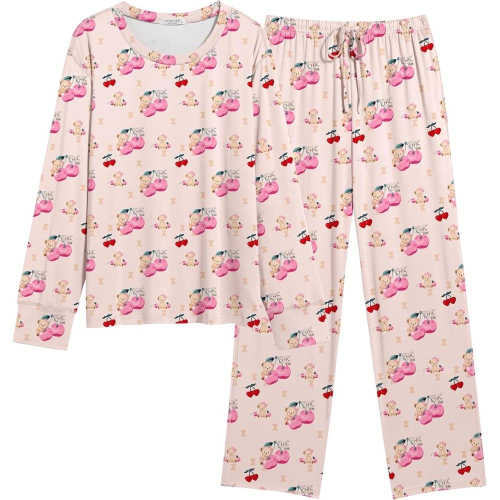 imageEkouaer Womens Pajamas Set 2 Piece Lounge Sets Long Sleeve Crewneck Top and Pants Soft Pjs with PocketsTeddy Bear Cherryapricot