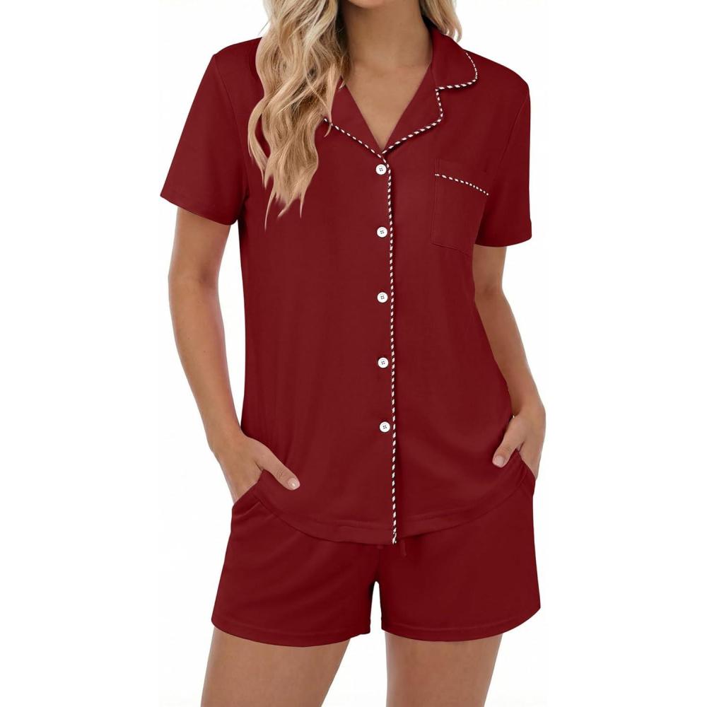 imageEkouaer Womens Pajamas Set Button Down Pjs Lounge Sets Short Sleeve Sleepwear Soft Loungewear NigthwearBurgundy