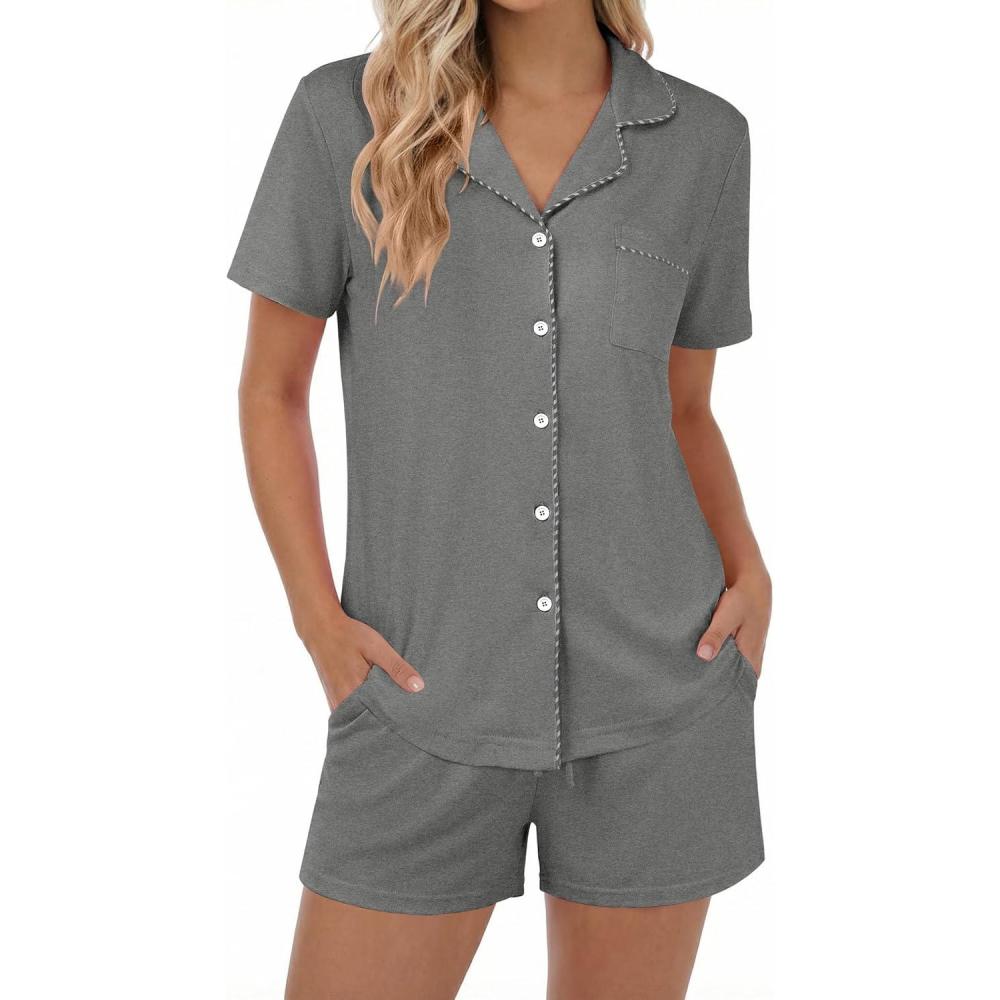 imageEkouaer Womens Pajamas Set Button Down Pjs Lounge Sets Short Sleeve Sleepwear Soft Loungewear NigthwearDark Gray