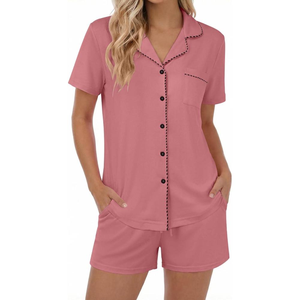 imageEkouaer Womens Pajamas Set Button Down Pjs Lounge Sets Short Sleeve Sleepwear Soft Loungewear NigthwearPale Violet Red