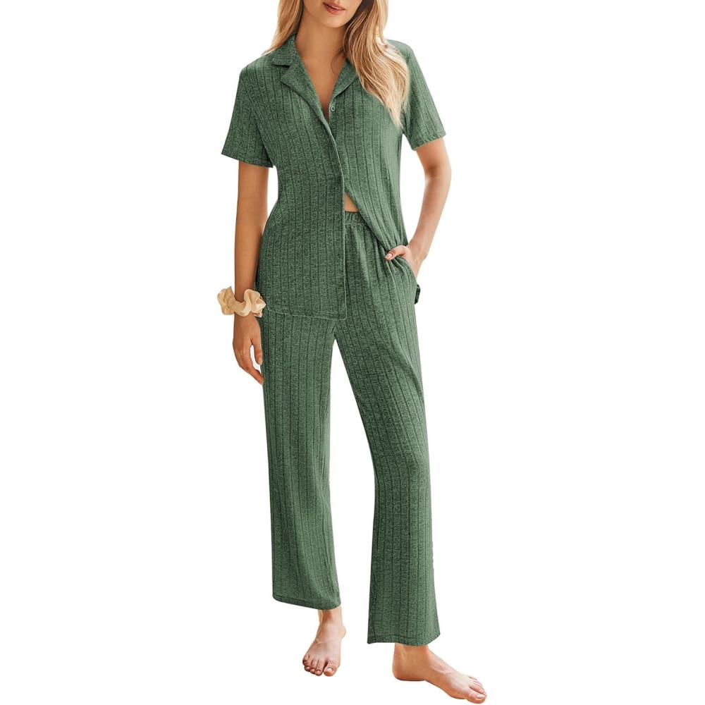 imageEkouaer Womens Rib Knit Pajamas Button Up Lounge Sets Short Sleeve Top and Long Pants Matching Pjs Sleepwear LoungewearGreen