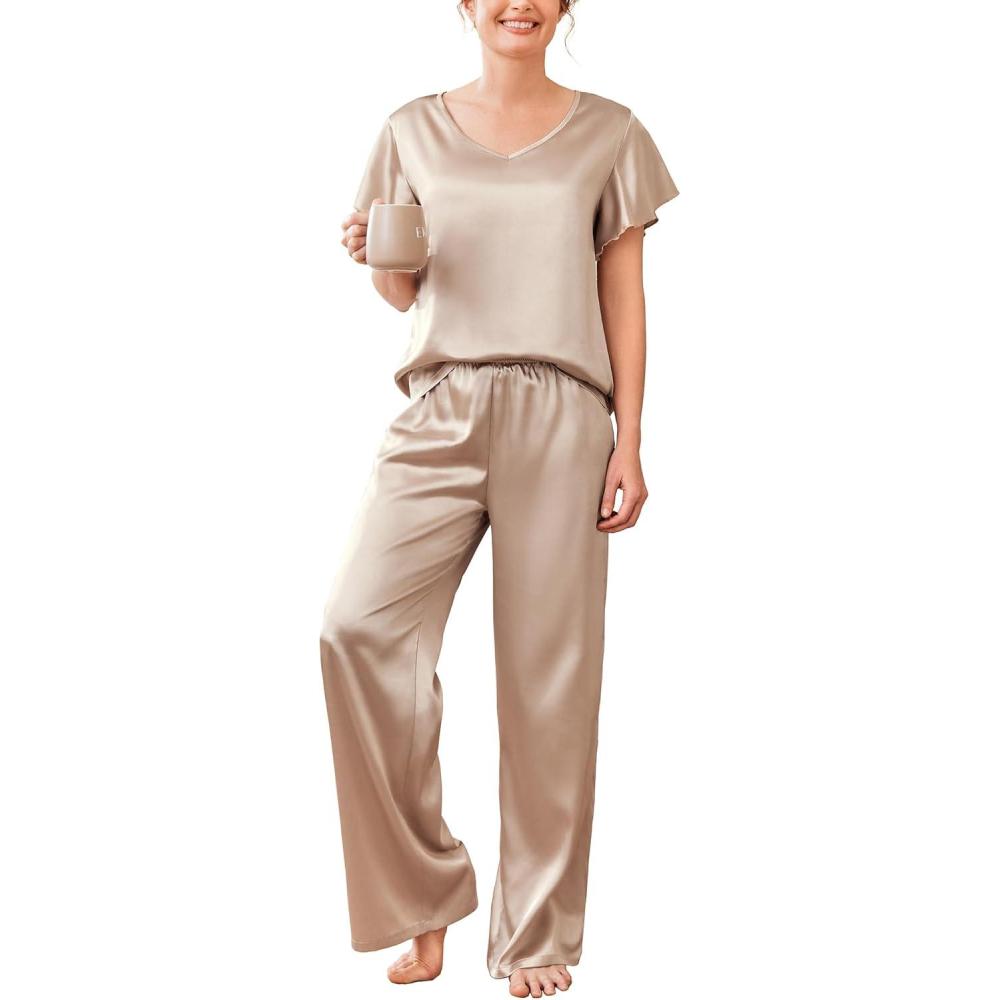 imageEkouaer Womens Satin Silky Pajama Set 2 Piece Short Sleeve Shirt with Long Pants Pjs Sets Soft PJ Loungewear SXXLChampagne