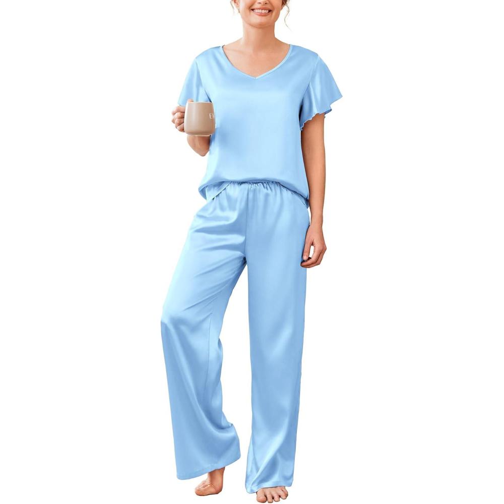 imageEkouaer Womens Satin Silky Pajama Set 2 Piece Short Sleeve Shirt with Long Pants Pjs Sets Soft PJ Loungewear SXXLClear Blue