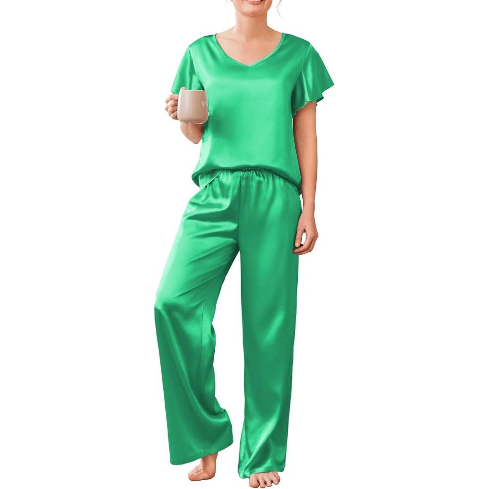 imageEkouaer Womens Satin Silky Pajama Set 2 Piece Short Sleeve Shirt with Long Pants Pjs Sets Soft PJ Loungewear SXXLGreen