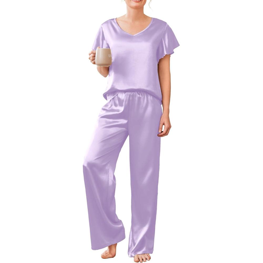 imageEkouaer Womens Satin Silky Pajama Set 2 Piece Short Sleeve Shirt with Long Pants Pjs Sets Soft PJ Loungewear SXXLLilac
