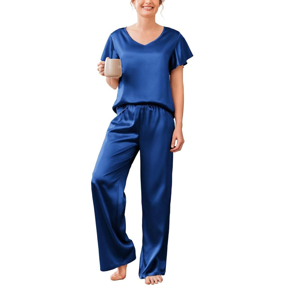 imageEkouaer Womens Satin Silky Pajama Set 2 Piece Short Sleeve Shirt with Long Pants Pjs Sets Soft PJ Loungewear SXXLNavy Blue