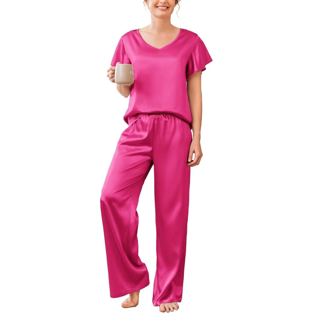 imageEkouaer Womens Satin Silky Pajama Set 2 Piece Short Sleeve Shirt with Long Pants Pjs Sets Soft PJ Loungewear SXXLRose Red