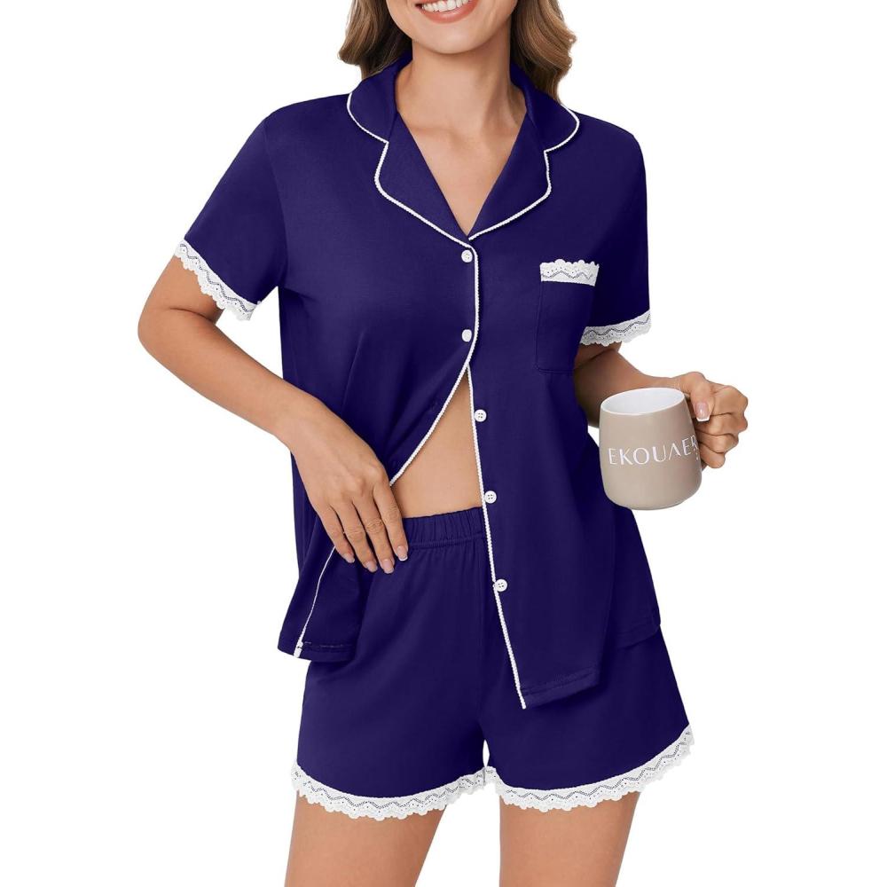 imageEkouaer Womens Short Sleeve Pajamas Set Soft Sleepwear Button Down Lounge Set Lace Top and Shorts Pj NightwearBlue