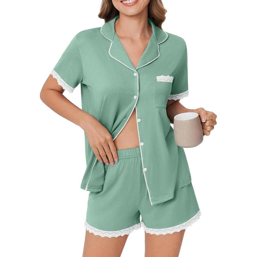 imageEkouaer Womens Short Sleeve Pajamas Set Soft Sleepwear Button Down Lounge Set Lace Top and Shorts Pj NightwearGreen