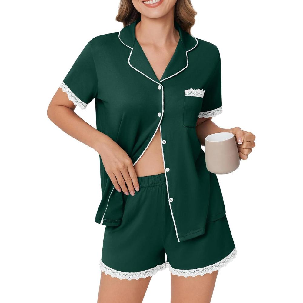 imageEkouaer Womens Short Sleeve Pajamas Set Soft Sleepwear Button Down Lounge Set Lace Top and Shorts Pj NightwearLake Green