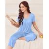 Ekouaer Pajama Set for Women Short Sleeve Top With Capri Pants Pjs 2 Piece Square Neck Loungewear Soft Sleepwear with Pockets(Light Blue)