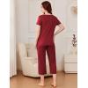 Ekouaer Pajama Set for Women Short Sleeve Top With Capri Pants Pjs 2 Piece Square Neck Loungewear Soft Sleepwear with Pockets(Wine Red)