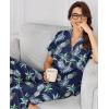 Ekouaer Women Pajamas Set Short Sleeve Button Down Sleepwear Soft Pjs Loungewear Pants Set S-XXL(Navy/ Blue Leaf)