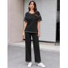 Ekouaer Women Waffle Knit Lounge Sets Short Sleeve Top and Long Pant Pajama Set Loungewear 2 Piece Pjs Set with Pockets(Black)
