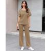 Ekouaer Women Waffle Knit Lounge Sets Short Sleeve Top and Long Pant Pajama Set Loungewear 2 Piece Pjs Set with Pockets(Brown)