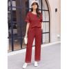 Ekouaer Women Waffle Knit Lounge Sets Short Sleeve Top and Long Pant Pajama Set Loungewear 2 Piece Pjs Set with Pockets(Dark Red)