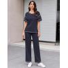 Ekouaer Women Waffle Knit Lounge Sets Short Sleeve Top and Long Pant Pajama Set Loungewear 2 Piece Pjs Set with Pockets(Navy Blue)