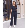 Ekouaer Women Waffle Knit Lounge Sets Short Sleeve Top and Long Pant Pajama Set Loungewear 2 Piece Pjs Set with Pockets(Navy Blue)
