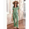 Ekouaer Women’s 2 Piece Lounge Set Casual Summer Outfits Ribbed Short Sleeve & Wide Leg Pants Matching Set for Travel Home(Green)