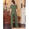 Ekouaer Women’s Pajamas Set Soft 2 Piece Lounge Sets V-neck Sleepwear Short Sleeve Top Pants with Pockets(Army Green)